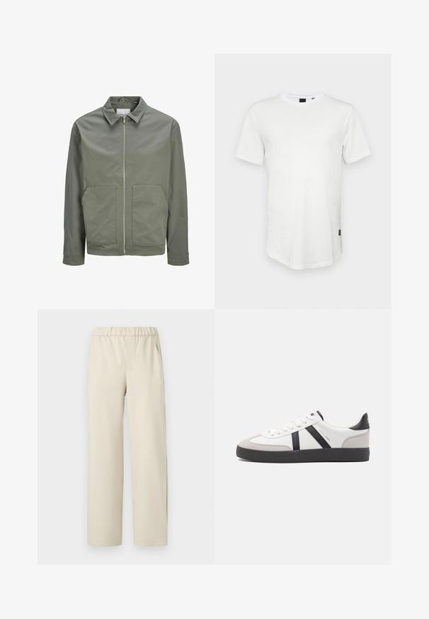 Jack & Jones JJWINSON WORKER - Καλοκαιρινό μπουφάν - agave green; Λευκή κοντομάνικη μπλούζα φτιαγμένη από βαμβάκι, με στρογγυλή λαιμόκοψη και ελαφρώς μακρύτερη πλάτη, που διαθέτει μια μικρή λογότυπο λεπτομέρεια στο πλάι.; Μπεζ παντελόνια καμπάνα με ελαστική μέση, φτιαγμένα από μαλακό υλικό. Διαθέτουν ομαλή επιφάνεια χωρίς ορατά σχέδια ή μεταλλικά στοιχεία.; Λευκό αθλητικό παπούτσι με μαύρες και γκρί λεπτομέρειες, featuring ένα υφή γκρί καλύμμα δαχτύλου, μαύρη καουτσούκ σόλα και επίπεδες λευκές κορδόνες. Καθαρός σχεδιασμός, μινιμαλιστικό στυλ.