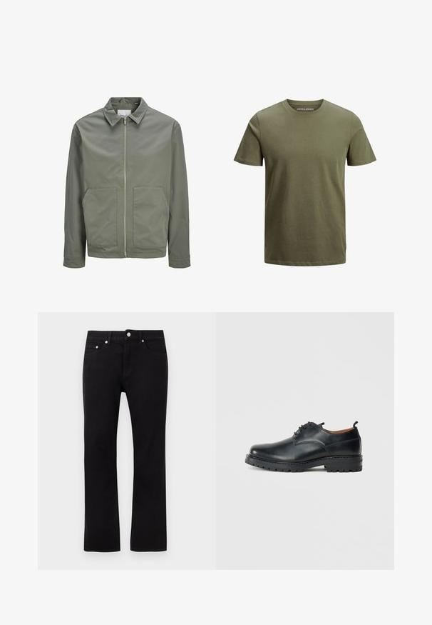 Jack & Jones JJWINSON WORKER - Καλοκαιρινό μπουφάν - agave green; Λάδι πράσινη μπλούζα κοντό μανίκι φτιαγμένη από βαμβάκι, με στρογγυλή λαιμόκοψη και άνετη εφαρμογή. Ο ετικέτα της μάρκας είναι ορατή εσωτερικά του λαιμού.; Μαύρο τζιν με ευθείες γραμμές, μπροστινό κουμπί, φερμουάρ, θηλιές για ζώνη και πεντάτσεπη σχεδίαση σε απλό ανοιχτό φόντο.; Μαύρα δερμάτινα παπούτσια derby με λεία υφή, στρογγυλή μύτη, σχέδιο με κορδόνια και χοντρή, ανθεκτική καουτσούκ σόλα.