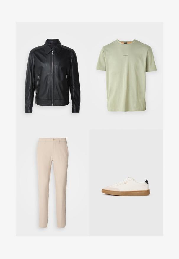 Zwarte leren jas met een kraag, vooraan met een rits, twee steekzakken met rits aan de zijkanten en gestructureerde schouders. Glad oppervlak overal.; Olijfgroen T-shirt met korte mouwen van zachte stof, met een ronde halslijn en een klein 'BOSS'-logo gedrukt in het midden.; Beige broek van zachte stof, met knoopsluiting, rechte snit en zijzakken. Glad oppervlak met minimale stikdetails.; Witte sneakers met beige accenten, bovenwerk van glad leer, ronde neus en rubberen gumzool, met een zwarte hieltab en subtiele branding.