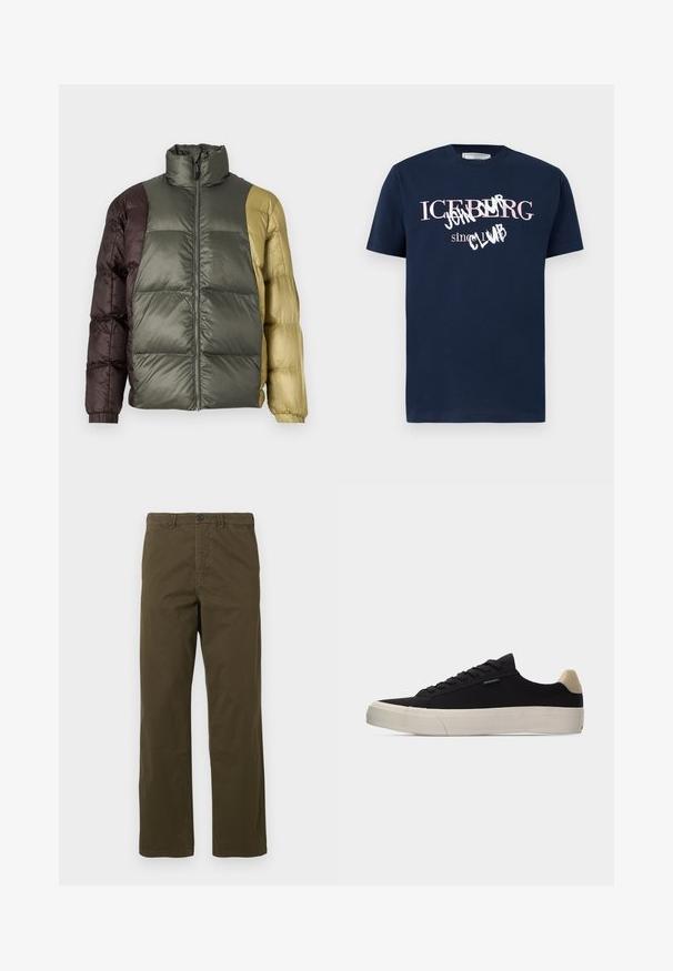 Veste matelassée colorée avec col haut, fermeture éclair avant et manches longues dans des teintes vert olive, marron et beige.; T-shirt bleu marine à manches courtes avec texte rose et blanc « ICEBERG » et inscription style graffiti « JAM CLUB » sur le devant.; Pantalons en coton marron pour hommes, coupe droite, avec passants de ceinture, bouton frontal et fermeture éclair sur fond clair.; Baskets basses noires avec languette beige au talon, semelle en caoutchouc blanche épaisse, lacets noirs et petite étiquette "PS Paul Smith" sur le côté.