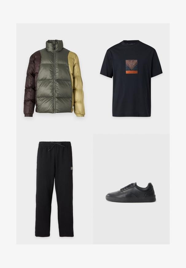 Veste matelassée colorée avec col haut, fermeture éclair avant et manches longues dans des teintes vert olive, marron et beige.; T-shirt noir à manches courtes avec un patch carré en cuir sur la poitrine comportant un logo et le nom de la marque.; Pantalon de survêtement noir avec taille élastique et cordon, avec un petit patch logo EA7 rectangulaire sur la partie supérieure de la cuisse gauche.; Chaussure de sport en cuir noir avec une finition lisse, bout arrondi, panneau latéral texturé et lacets noirs. Présente une semelle en caoutchouc plate et un design minimaliste.