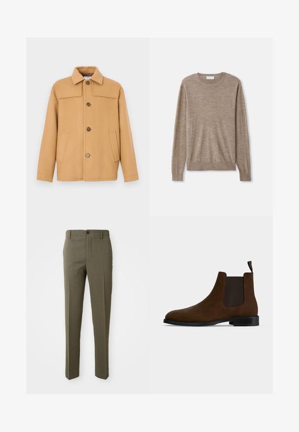 Veste en laine couleur chameau avec un col à revers, quatre boutons et deux poches avant. Présente un design structuré et une texture lisse.; Pull beige en maille fine. Il a un col rond, des manches longues et des poignets et un ourlet côtelés. Design simple et classique.; Pantalons ajustés vert olive avec une texture lisse, coupe droite, bouton avant unique et poches latérales pour la fonctionnalité.; Bottine Chelsea en daim marron avec panneaux latéraux élastiques noirs, semelle en caoutchouc noire et languette à l'arrière sur fond blanc uni.