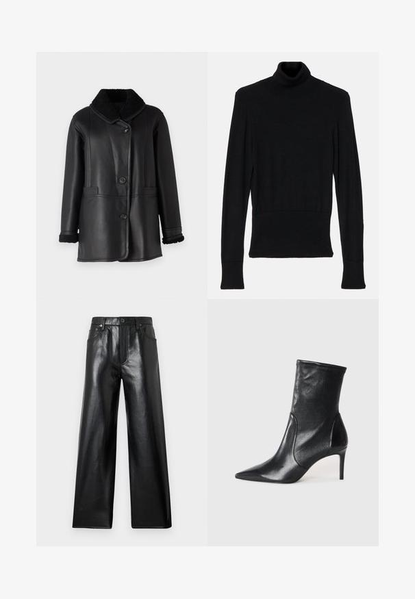 STUDIO ID NAPPA COAT - Nahkjakk - black silky; AERON TENDER LONG SLEEVED - Džemper - black; Mustad kõrge vöökohaga laiade säärtega kunstnahast püksid esikinnise, tõmbluku ja esi- ning tagataskutega heleda halli tausta ees.; Mustad mustajalatsid, mis on valmistatud siledast nahast, omavad teravat nina, kitsast varre ja peenikest kõrget kontsa. Minimalistlik disain, ilma nähtava riistvaraeta.