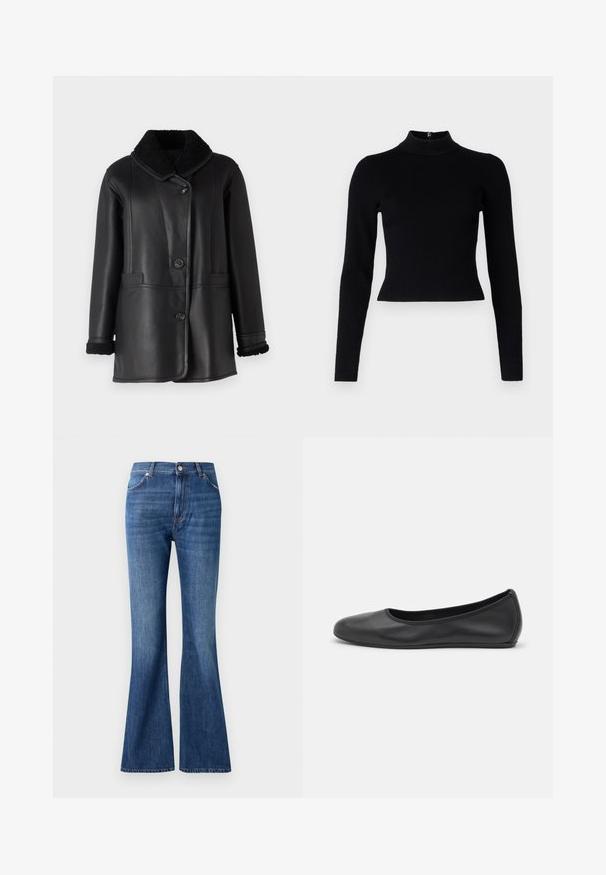 STUDIO ID NAPPA COAT - Leren jas - black silky; Zwarte geribbelde coltrui met lange mouwen en een getailleerde pasvorm, met een gladde textuur en een ritssluiting aan de achterkant.; Blauwe flared jeans van denim, met een hoge taille, vijf zakken en een subtiel wassingpatroon bij de naden.; Zwarte leren ballerina met een ronde neus, gladde textuur, minimale stikdetails en een flexibele zoolontwerp.