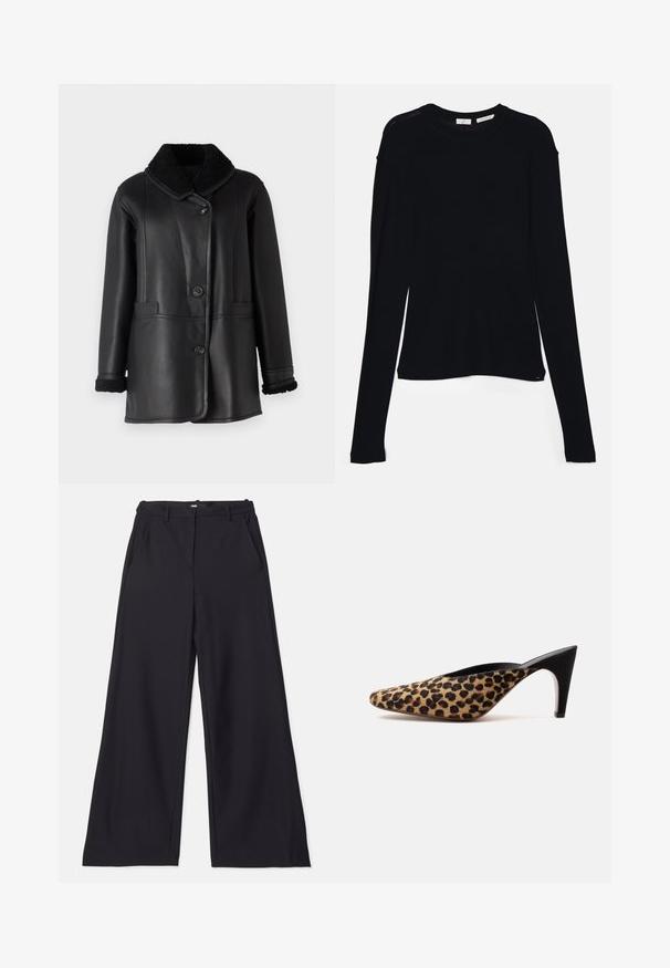 STUDIO ID NAPPA COAT - Kožená bunda - black silky; Čierny dlhý rukáv top vyrobený z mäkkej tkaniny, s okrúhlym výstrihom a voľným strihom s bočnými rozparokmi na leme pre pohodlný pohyb.; Maje PIMANO - Nohavice - noir; Mule s špicatou špičkou s leopardím vzorom a čiernym stredne vysokým ihličkovým podpätkom na jednoduchom bielom pozadí.