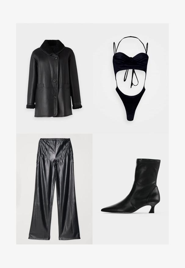STUDIO ID NAPPA COAT - Kožená bunda - black silky; GmbH WITH CUPS - Top - black; Čierne nohavice z umelého kože s hladkou textúrou, širokými nohavicami a prešívaním pozdĺž pásu a strán. Prezentácia v nadhlade.; Čierna kožená čižma po stred lýtka s špicatou špičkou a nízkym kitten podpätkom, zobrazená z boku na svetlom jednofarebnom pozadí.