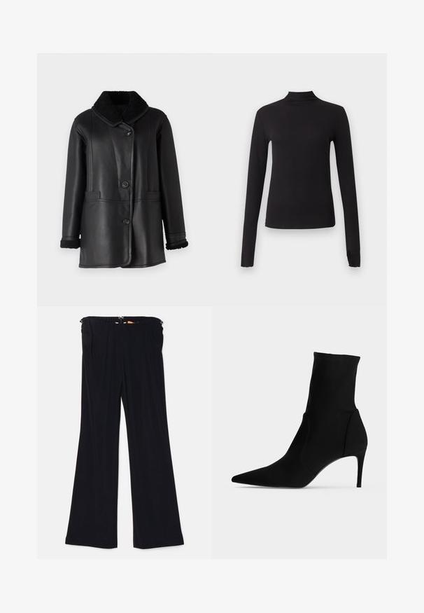 STUDIO ID NAPPA COAT - Δερμάτινο μπουφάν - black silky; Μακρυμάνικη μαύρη εφαρμοστή μπλούζα με ψηλό λαιμό, εμφανίζεται σε απλό ανοιχτό γκρίζο φόντο.; Μαύρο φαρδύ παντελόνι από μαλακό ύφασμα, με ελαστική μέση και πλάγιες τσέπες. Ο σχεδιασμός περιλαμβάνει μια λεία υφή χωρίς ορατά σχέδια.; Μαύρη μποτίνι στον αστράγαλο με μυτερή μύτη και λεπτό ψηλό τακούνι, εμφανίζεται προφίλ σε ανοιχτό φόντο. Κομψός, μινιμαλιστικός σχεδιασμός.