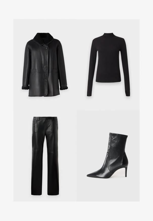 STUDIO ID NAPPA COAT - Kožená bunda - black silky; Čierny priliehavý top s dlhým rukávom a stojatým golierom, zobrazený na jednoduchom svetlosivom pozadí.; Čierne kožené nohavice so strehaťom, s gombíkovým pásom, piatimi vreckami a viditeľným prešívaním pozdĺž švov.; Čierne kotníkové topánky vyrobené z hladkej kože, s špicatou špičkou, priliehavým zvrškom aúzkym vysokým podpätkom. Minimalistický dizajn bez viditeľného kovania.