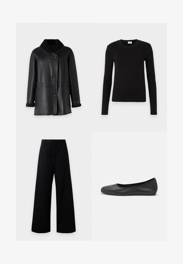 STUDIO ID NAPPA COAT - Kožená bunda - black silky; Čierne tričko s dlhým rukávom vyrobené z mäkkej, hladkej tkaniny. Má okrúhly výstrih a priliehavý strih, bez viditeľných vzorov alebo akcentov.; Čierne široké nohavice vyrobené z bavlny, s vysokým pásom, prednými vreckami a čistým, jednoduchým dizajnom s minimálnymi švovými detailmi.; Čierne kožené baleríny s okrúhlou špičkou, hladkým povrchom, minimálnym prešívaním a flexibilným dizajnom podrážky.
