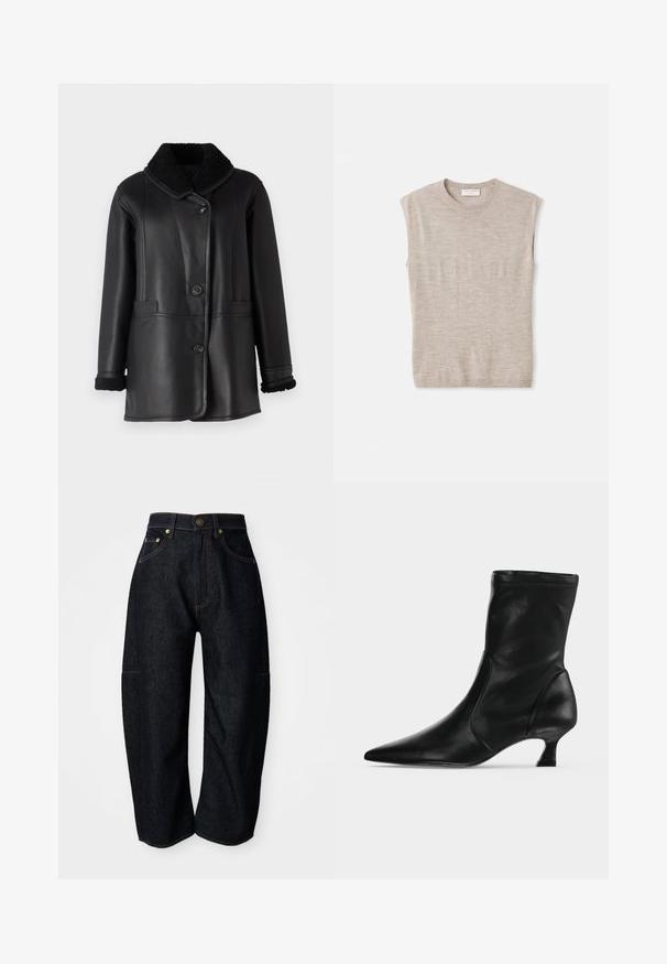 STUDIO ID NAPPA COAT - Lederjacke - black silky; Helles beige, ärmelloses Oberteil aus weichem Material, mit rundem Hals, klaren Linien und einem leicht lockeren Schnitt. Minimalistisches Design.; Dunkelblaue Jeans mit entspannter Passform, ausgestattet mit dezenten orangefarbenen Nähten, Fronttaschen und einem flachen Bund mit Knopfverschluss.; Schwarzer Leder-Stiefel bis zur Mitte der Wade mit spitzer Schuhspitze und niedrigem Kittenabsatz, seitlich auf hellem einfarbigem Hintergrund gezeigt.