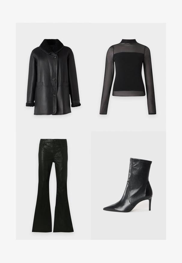 STUDIO ID NAPPA COAT - Leren jas - black silky; Zwart langarmig shirt met een hoge kraag, een effen lichaam met doorschijnende mouwen en een aansluitend ontwerp. Soepele textuur, minimalistische stijl.; Zwarte uitlopende broek van glanzend materiaal, met een getailleerde taille, vijfzakkenontwerp en een knoopsluiting aan de voorkant.; Zwarte enkelboots van soepel leer, met een spitse neus, een aangesloten schacht en een slanke hoge hak. Minimalistisch ontwerp zonder zichtbare hardware.