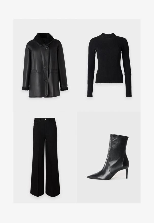 STUDIO ID NAPPA COAT - Kožená bunda - black silky; Čierny dlhý rukáv top s priliehavým strihom, textúrovanou látkou a vysokým golierom. Obsahuje skrytý zips na chrbte pre zapínanie.; Čierne široké džínsy vyrobené z pevnej tkaniny, s vysokým pásom, prednými vreckami a predným zapínaním na gombík. Rovný lem na spodnej strane.; Čierne kotníkové topánky vyrobené z hladkej kože, s špicatou špičkou, priliehavým zvrškom aúzkym vysokým podpätkom. Minimalistický dizajn bez viditeľného kovania.