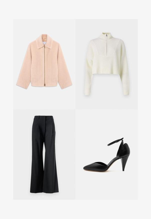 Lys beige faux fur jakke med lange ærmer, krave og guld lynlås åbenning ned gennem midten på en hvid baggrund.; Cremefarvet cropped sweater med lynlås i halsen, ribbet tekstur og brede ærmer. Materialet ser blødt og strikket ud.; Veronica Beard OLLIE PANT - Bukser - black; Sort læder højhælet sko med spids tå, ankelrem og kegleformet hæl på hvid baggrund.