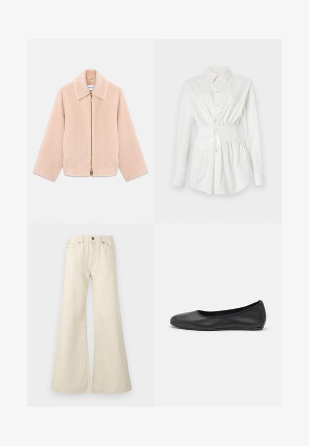 Chaqueta de piel sintética color beige claro con mangas largas, cuello y cierre de cremallera dorado en el centro sobre un fondo blanco.; Camisa blanca de botones con mangas largas, detalle de cintura ajustada y un acento de cinturón brillante. Fabricada con una tela suave y ligera.; Jeans acampanados de color beige claro, fabricados en algodón. Presentan una cintura alta, cinco bolsillos y un cierre de botón con detalles de costura en contraste.; Bailarina de piel negra con punta redondeada, textura suave, detalle de costura minimalista y diseño de suela flexible.