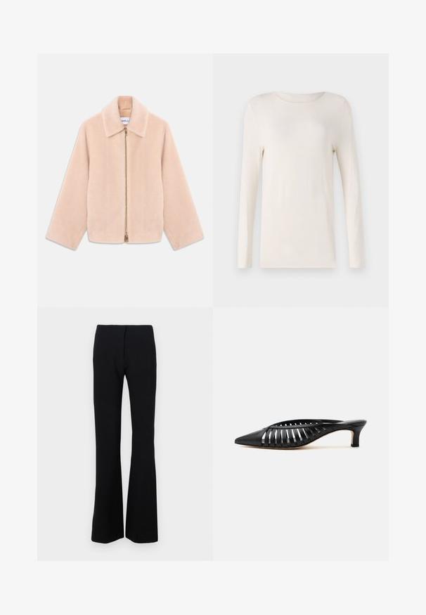 Lys beige faux fur jakke med lange ærmer, krave og guld lynlås åbenning ned gennem midten på en hvid baggrund.; Langermet skjorte i off-white, lavet af blødt materiale, med rund halsudskæring og et enkelt, tætsiddende design. Glat tekstur, ingen mønstre.; Sorte flared bukser i strækstof med en glat overflade og en tætsiddende talje. Ingen synlige lukninger eller mønstre.; Sort læder mule med spids snude, stropdetalje og lav kittenhælk på hvid baggrund.