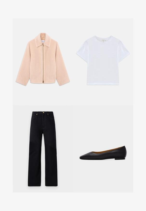 Lys beige faux fur jakke med lange ærmer, krave og guld lynlås åbenning ned gennem midten på en hvid baggrund.; Hvid cropped t-shirt lavet af blødt bomuld, med rund hals og korte ærmer og en let løs pasform. Ingen mønstre eller accenter.; Sorte denimbukser med lige ben, der har høj talje, fem lommer, gyldent hardware og diskrete syninger.; Sort læder flad sko med spids tå, lav hæl og glat finish, vist fra siden på en lysegrå baggrund.