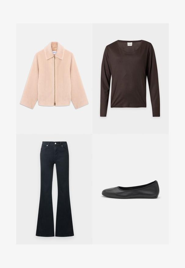 Chaqueta de piel sintética color beige claro con mangas largas, cuello y cierre de cremallera dorado en el centro sobre un fondo blanco.; Camisa de manga larga de color marrón oscuro con escote redondo, dobladillo recto y una pequeña etiqueta blanca con la inscripción "CLOSED" en el interior del cuello.; Vaqueros acampanados de mezclilla negra con cintura alta, cinco bolsillos y cierre de botón metálico. Textura suave y detalles de costuras en contraste.; Bailarina de piel negra con punta redondeada, textura suave, detalle de costura minimalista y diseño de suela flexible.