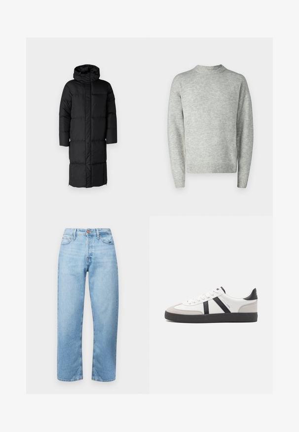 Schwarzer Puffer-Mantel mit Kapuze, der eine lange Silhouette und große, gesteppte Abschnitte aufweist. Enthält einen Frontreißverschluss und Seitentaschen.; Helles grauer Pullover, gestrickte Textur, Rundhalsausschnitt, lange Ärmel, gerippter Saum und Bündchen, lockere Passform, minimalistisches Design.; Hellblaue Jeans aus Denim mit geradem Schnitt, Fünf-Taschen-Design und Knopfverschluss. Glatte Textur und minimale Ausbleichung mit gestickten Akzenten.; Weiße Sneaker mit schwarz- und grau-aczenten, ausgestattet mit einer strukturierten grauen Zehenkappe, schwarzer Gummi-Sohle und flachen weißen Schnürsenkeln. Sauberes Design, minimalistische Stil.