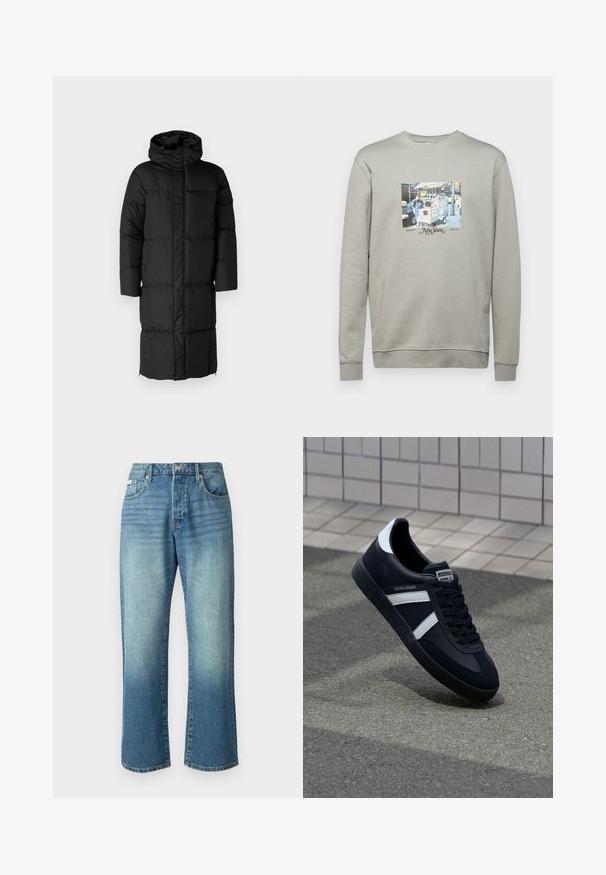 Schwarzer Puffer-Mantel mit Kapuze, der eine lange Silhouette und große, gesteppte Abschnitte aufweist. Enthält einen Frontreißverschluss und Seitentaschen.; Grauer Sweatshirt aus Baumwollmischung; mit einem zentralen grafischen Druck einer Imbisswagenszene und dem Text "New York" in dekorativer Schrift.; Helle blaue Jeans mit geradem Bein, fünf Taschen, vorderer Knopfverschluss und dezentem Verblassen im gesamten Stoff.; Schwarze Leder-Sneaker mit weißen Streifen, strukturiertem Gummisohle und Schnürung. Verfügt über ein Markenetikett auf der Zunge.