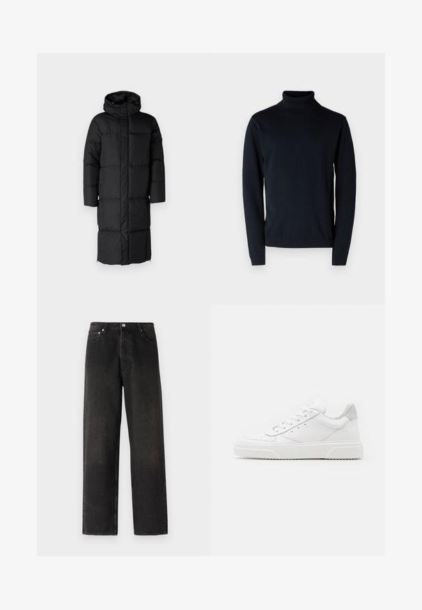 Sort puffet jakke med hætte, der har en lang silhuet og store quiltede sektioner. Inkluderer en frontlynlås og sidelommer.; Mørkeblå turtleneck sweater lavet af blødt, strækbart stof. Har lange ærmer og ribstrikkede manchetter og nederkant. Simpelt, rent design.; Sorte denim jeans med lige ben, der har en fem-lomme stil, messingknap og subtile teksturvariationer på stoffet.; Hvide lædersneakers med en glat finish, rund tå, flade snørebånd og en struktureret sål. Grå ruskindsdetalje ved hælen.