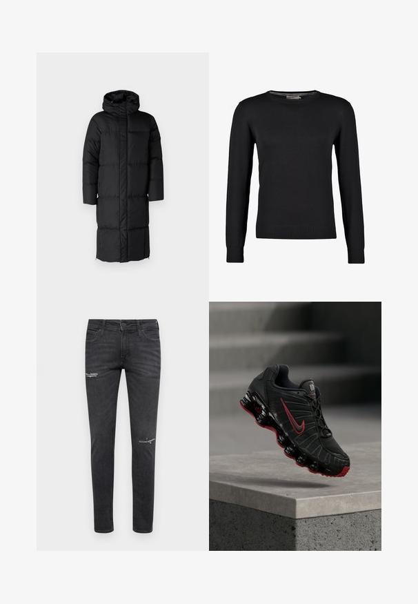 Schwarzer Puffer-Mantel mit Kapuze, der eine lange Silhouette und große, gesteppte Abschnitte aufweist. Enthält einen Frontreißverschluss und Seitentaschen.; Schwarzer Strickpullover mit langen Ärmeln, Rundhalsausschnitt und gerippten Bündchen und Saum. Glatte Textur und taillierte Passform.; Schwarze Skinny-Jeans aus Denim mit distressierten Details an den Knien, Fünf-Taschen-Design und einem klassischen Knopf- und Reißverschluss.; Schwarzer und roter Nike-Sportschuh mit sichtbarer federartiger Sohle, der auf der Kante einer Betonstufe balanciert.