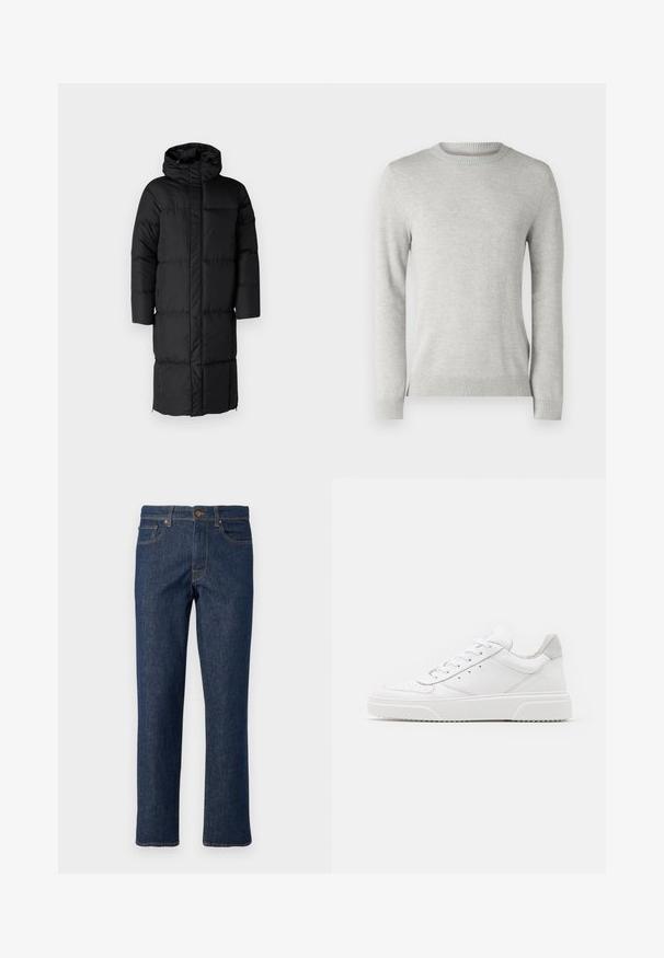 Schwarzer Puffer-Mantel mit Kapuze, der eine lange Silhouette und große, gesteppte Abschnitte aufweist. Enthält einen Frontreißverschluss und Seitentaschen.; Hellgrauer Strickpullover mit rundem Ausschnitt, langen Ärmeln, strukturiertem Muster und gerippten Säumen und Bündchen. Weicher, atmungsaktiver Stoff.; Dunkelblaue Jeans aus Denim mit geradem Bein, ausgestattet mit einem Knopfverschluss, fünf Taschen und kontrastierenden Nähten.; Weiße Leder-Sneaker mit glatter Oberfläche, rundem Zehenbereich, flachen Schnürsenkeln und strukturiertem Schuhsohlen. Graues Wildleder-Detail an der Ferse.