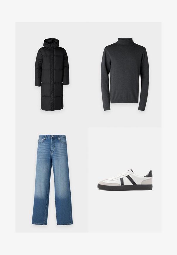 Abrigo acolchado negro con capucha, que presenta una silueta larga y grandes secciones acolchadas. Incluye un cierre frontal y bolsillos laterales.; Jersey de cuello alto gris oscuro, hecho de material suave, con mangas largas y puños y dobladillo acanalados, con una textura lisa y uniforme.; Vaqueros de tiro alto y pierna recta en azul, con decoloración en los muslos y sombras más oscuras cerca de los dobladillos, con botón frontal y bolsillos visibles.; Zapatilla blanca con acentos en negro y gris, que presenta una puntera texturizada en gris, suela de goma negra y cordones planos blancos. Diseño limpio, estilo minimalista.