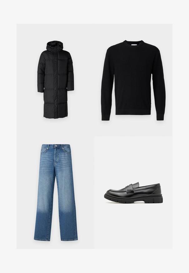 Schwarzer Puffer-Mantel mit Kapuze, der eine lange Silhouette und große, gesteppte Abschnitte aufweist. Enthält einen Frontreißverschluss und Seitentaschen.; Schwarzer Pullover mit Rundhalsausschnitt, langen Ärmeln, Rippstrickstruktur und eng anliegenden Bündchen, präsentiert vor einem schlichten hellgrauen Hintergrund.; Blaue hochgeschnittene Straight-Leg-Jeans mit Ausbleichungen an den Oberschenkeln und dunklerem Schatten nahe den Säumen, sichtbare vordere Knöpfe und Taschen.; Schwarze Lederloafer mit einem breiten Riemen über dem Rist, Gummisohle mit dicken Profilen und glatter Textur. Klassisches, schlankes Design.