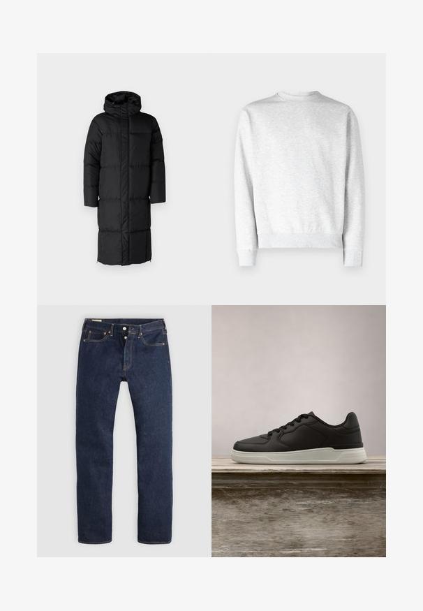 Zwarte pufferjas met capuchon, met een lange silhouet en grote gequilte delen. Voorzien van een voerritssluiting en zijzakken.; Lichtgrijze crewneck sweatshirt van zacht fleece materiaal, met ribgebreide boorden en onderkant, en een gladde textuurafwerking.; Donkerblauwe recht gesneden spijkerbroek met knoopsluiting, voor- en achterzakken en contrasterende stiksels, plat gelegd op een lichte achtergrond.; Zwarte sneaker met witte zool zwevend boven een houten bank, groene loofbomen op de vervaagde achtergrond.