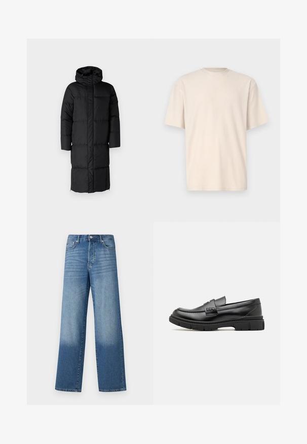 Schwarzer Puffer-Mantel mit Kapuze, der eine lange Silhouette und große, gesteppte Abschnitte aufweist. Enthält einen Frontreißverschluss und Seitentaschen.; Only & Sons ONSFRED RELAXED PLIZZE TEE - T-Shirt basic - moonstruck; Blaue hochgeschnittene Straight-Leg-Jeans mit Ausbleichungen an den Oberschenkeln und dunklerem Schatten nahe den Säumen, sichtbare vordere Knöpfe und Taschen.; Schwarze Lederloafer mit einem breiten Riemen über dem Rist, Gummisohle mit dicken Profilen und glatter Textur. Klassisches, schlankes Design.