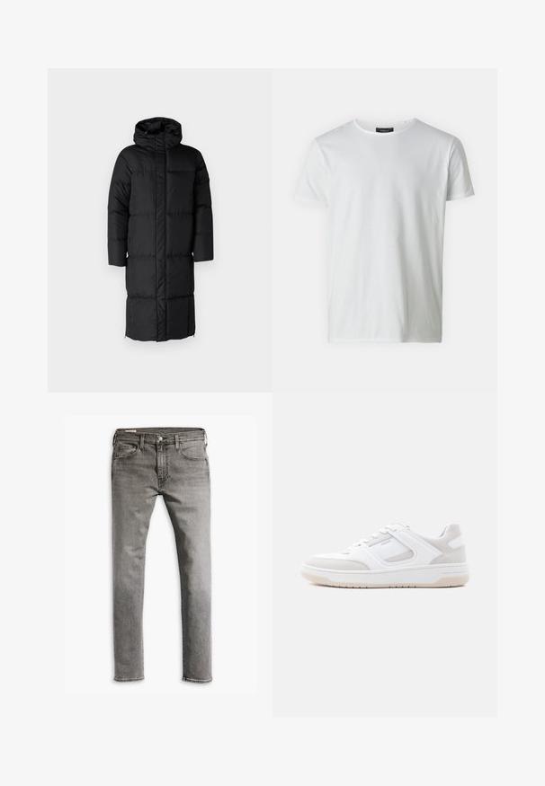 Schwarzer Puffer-Mantel mit Kapuze, der eine lange Silhouette und große, gesteppte Abschnitte aufweist. Enthält einen Frontreißverschluss und Seitentaschen.; Weißes T-Shirt mit kurzen Ärmeln und Rundhalsausschnitt aus Baumwolle mit glatter Textur. Verfügt über ein Etikett am Kragen. Einfaches, schlichtes Design.; Graue Jeans aus Denim mit geradem Schnitt, ausgestattet mit zwei Vordertaschen, einer Gesäßtasche und einem Metallknopfverschluss. Glatte Textur und klassisches Design.; Schwarzer Sneaker in Weiß und hellem Beige mit Schnürverschluss, gepolstertem Kragen und Gummisohle vor einfachem hellem Hintergrund.