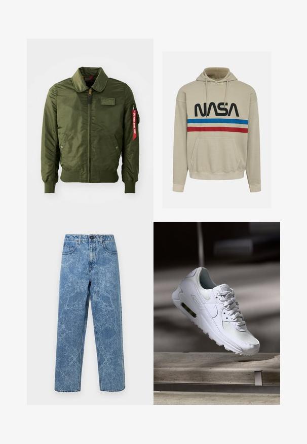 Olivgrüne Bomberjacke mit Reißverschluss, rundem Kragen, gerippten Bündchen, zwei Seitentaschen und einem roten Stoffetikett am Ärmel.; Beige Hoodie mit einer Fronttasche, versehen mit einem großen schwarzen "NASA"-Logo und horizontalen blauen und roten Streifen über der Brust.; Blaue Acid-Wash-Jeans aus Denim mit geradem Bein, vorderem Knopf, Gürtelschlaufen und Fünf-Taschen-Design.; Weiße Nike Air Max 90 Sneaker mit einem Obermaterial aus Mesh und Leder, durchlässigem Zehenbereich und einer sichtbaren Air-Einheit in der Ferse.