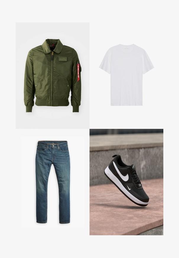 Olivengroene bomberjack met ritssluiting, ronde kraag, geribde manchetten, twee zijzakken en een rood stoffen label aan de mouw.; Witte katoenen T-shirt met korte mouwen, een ronde hals en een gladde textuur. Heeft minimale branding op de halslijn.; Blauwe recht gesneden denim jeans met voorzakken, riemlussen en een knoop- en ritsluiting op een witte achtergrond.; Zwart-witte Nike Air Force 1 sneaker zwevend boven een roze betonnen oppervlak met een achtergrond van grijze stenen.