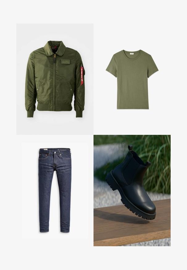Bomberjakke i olivengrøn med lynlås, rund hals, ribstrikkede ærmegab, to sidelommer og et rødt stofmærke på ærmet.; American Vintage GAMIPY - T-shirts basic - kaki; Mørkeblå slim-fit Levi's Performance jeans med fem lommer og synlig syning på hvid baggrund.; Sorte læder ankelstøvler med elastiske sidepaneler, rund tå og kraftig sål, vist på en træoverflade.