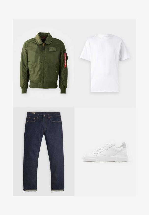 Veste bomber vert olive avec fermeture éclair, col rond, poignets côtelés, deux poches latérales et une étiquette en tissu rouge sur la manche.; T-shirt blanc à manches courtes en coton avec un col rond, présentant une texture lisse et un design simple, sans motifs ni accents.; Jean en denim bleu foncé à coupe droite avec revers roulés, design cinq poches, rivets en cuivre et fermeture par bouton sur fond uni.; Des baskets en cuir blanc avec une finition lisse, un bout rond, des lacets plats et une semelle texturée. Accents en daim gris au niveau du talon.