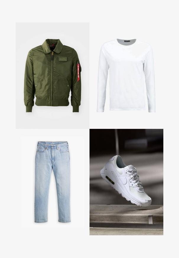 Veste bomber vert olive avec fermeture éclair, col rond, poignets côtelés, deux poches latérales et une étiquette en tissu rouge sur la manche.; T-shirt blanc à manches longues en coton, avec un col rond et une texture lisse. Sans motifs ni accents. Design simple.; Jean en denim bleu clair avec une coupe droite, style cinq poches et coutures contrastantes. Fermeture à bouton et à glissière à la taille.; Sneaker Nike Air Max 90 blanche avec une tige en mesh et cuir, une boîte à orteils perforée et une unité air visible au talon.