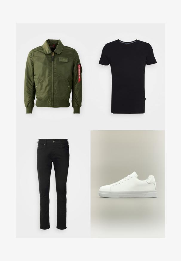 Olivgrüne Bomberjacke mit Reißverschluss, rundem Kragen, gerippten Bündchen, zwei Seitentaschen und einem roten Stoffetikett am Ärmel.; Lindbergh T-Shirt basic - black; Schwarze Baumwolljeans mit geradem Bein, ausgestattet mit einem frontalen Knopfverschluss, Gürtelschlaufen und regulären Taschen mit einer glatten Textur.; Weißer Sneaker in niedriger Schnittform mit Schnürung vorne, gepolstertem Kragen und strukturiertem Gummisohle, seitlich auf neutralem Hintergrund dargestellt.