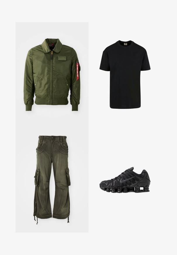 Olivengroene bomberjack met ritssluiting, ronde kraag, geribde manchetten, twee zijzakken en een rood stoffen label aan de mouw.; Urban Classics SHORTSLEEVE - T-shirt basic - black; Olijfgroene cargobroek van katoen met een relaxte pasvorm, voorzien van zijzakken, ritsen bij de enkels en koordjes aan de zoom.; Zwarte sportschoenen gemaakt van mesh en synthetische materialen, met een opvallend golvend ontwerp, zwarte rubberen zool en reflecterende accenten.