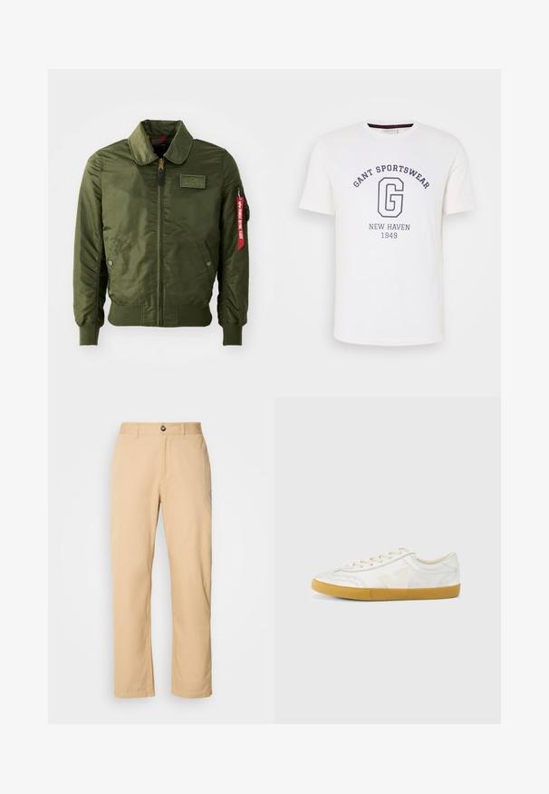 Olivgrüne Bomberjacke mit Reißverschluss, rundem Kragen, gerippten Bündchen, zwei Seitentaschen und einem roten Stoffetikett am Ärmel.; Weißes Baumwoll-T-Shirt mit Rundhalsausschnitt, kurzen Ärmeln und dunkelblauer Druckschrift: "GANT SPORTSWEAR," "NEW HAVEN," und "1949."; Khaki Baumwollhosen mit geradem Beinschnitt, ausgestattet mit einem vorderen Knopfverschluss und Gürtelschlaufen. Glatte Textur und einfarbige Oberfläche.; Weißer Ledersneaker mit glatter Textur, beigefarbenem „V“-Logo, rundem Zehenbereich, Schnürdesign und einer Sohle aus Gummireifen.