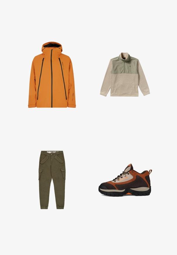 Oranje waterdichte jas met capuchon, voorzien van zwarte ritsen, twee voorzakken en verstelbare trekkoorden op de capuchon en de zoom.; Fleece pullover in beige en olijfgroen, met een half-zip ontwerp, hoge kraag en twee zijzakken. Glad oppervlak op het bovenste paneel.; Olijfgroene cargo broek met taps toelopende pijpen, voorzien van meerdere klepzakken, een knoopsluiting en elastische boorden; gemaakte van textuur katoen.; Bruin en beige wandelschoen met zwarte zool, metalen oogjes, een trekband bij de hak en "DC SHOE CO USA"-branding op de zijkant.