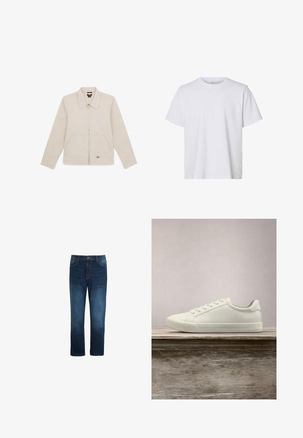 Beige Jacke aus glattem Stoff, mit Kragen, Frontreißverschluss, zwei seitlichen Taschen und einem gestickten Logo unten rechts.; Schlichtes weißes T-Shirt mit kurzen Ärmeln, Rundhalsausschnitt, regulärer Passform und glatter Stoffstruktur, auf weißem Hintergrund dargestellt.; Dunkelblaue Denim-Jeans mit geradem Bein, ausgestattet mit einem klassischen Fünf-Taschen-Design und gestickten Details entlang der Nähte.; Weiße Schnürsneaker, die über einer Holzbank mit grünem Laub im Hintergrund schweben und das Schuhdesign sowie die Textur zeigen.