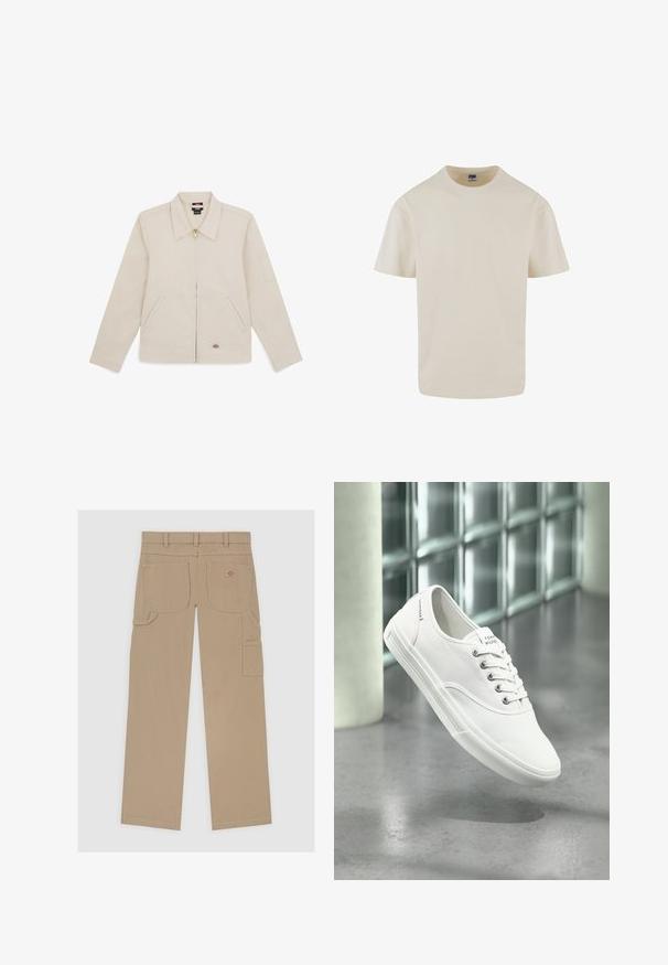 Chaqueta beige de tejido suave, con collar, cremallera frontal, dos bolsillos laterales y un logo bordado en la parte inferior derecha.; Urban Classics LOOSE TEE - Camiseta básica - whitesand; Pantalones cargo beige con un diseño de pierna recta, múltiples bolsillos y una discreta etiqueta de logo en la parte trasera, fabricados con una resistente mezcla de algodón.; Zapatilla blanca de lona baja con cordones, etiquetada como Tommy Hilfiger, mostrada flotando sobre un suelo gris liso cerca de una pared de bloques de vidrio.