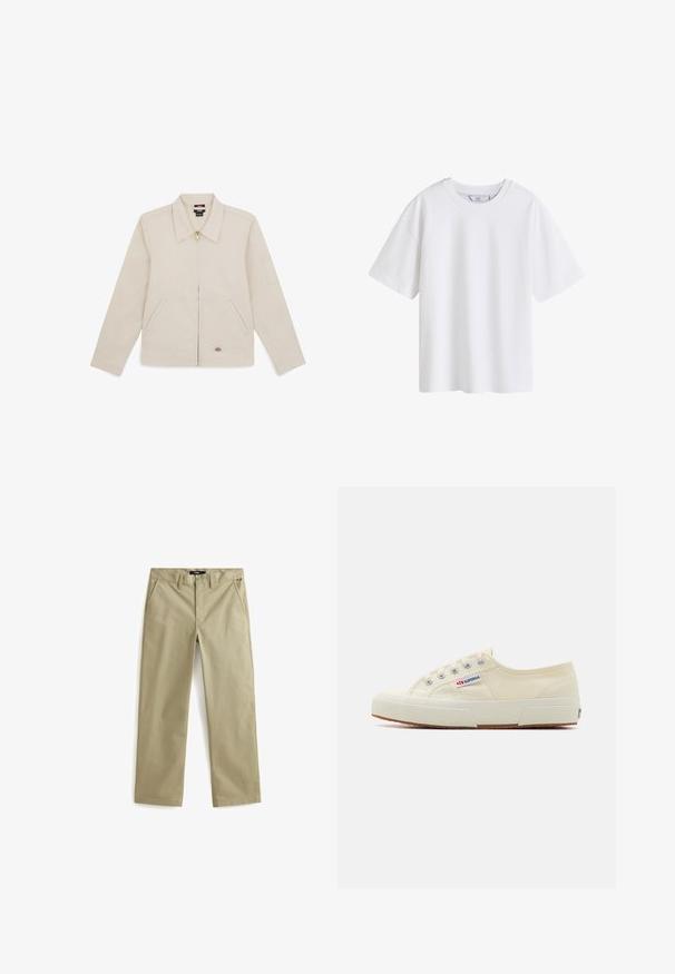 Chaqueta beige de tejido suave, con collar, cremallera frontal, dos bolsillos laterales y un logo bordado en la parte inferior derecha.; Camiseta blanca lisa de algodón con mangas cortas y cuello redondo, mostrada de frente sobre un fondo blanco.; Chinos de algodón beige con un diseño de pierna recta, que cuentan con dos bolsillos frontales y un cierre de botón clásico. Textura suave, acentos mínimos.; Zapatillas de lona beige con un diseño de perfil bajo, ojales de metal y suela de goma. Presenta un patrón texturizado y detalle del logo en el lateral.