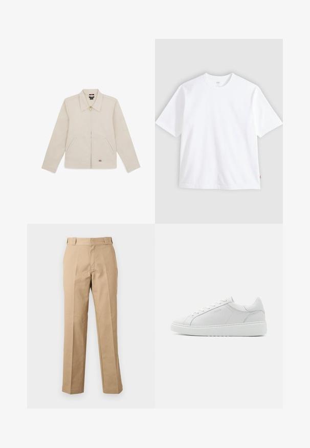 Chaqueta beige de tejido suave, con collar, cremallera frontal, dos bolsillos laterales y un logo bordado en la parte inferior derecha.; Camiseta blanca de manga corta hecha de algodón, con cuello redondo y corte recto. Etiqueta visible en el dobladillo lateral inferior.; Pantalones beige de pierna recta con trabillas, cremallera frontal y pliegues prensados, mostrados sobre un fondo blanco liso.; Zapatilla de cuero blanco con una textura suave, punta redonda, diseño de perfil bajo y un logo sutil en el lateral. Cuello acolchado y cordones.