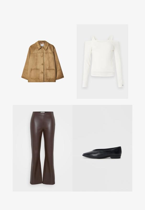Brun ruskindjakke med krave, frontlukning med knapper, to store lommer og dekorativ syning langs skuldre og lommer.; Hvid langærmet cold shoulder-top med tynde skulderstropper og lige udskæring, vist mod en lys baggrund.; ONLY Tall ONLSMOOTH KICK FLARE - Bukser - seal brown; Sorte læder flade sko med spids tå, let hævet hæl og glat overflade. Simpelt design uden synligt hardware eller mønstre.