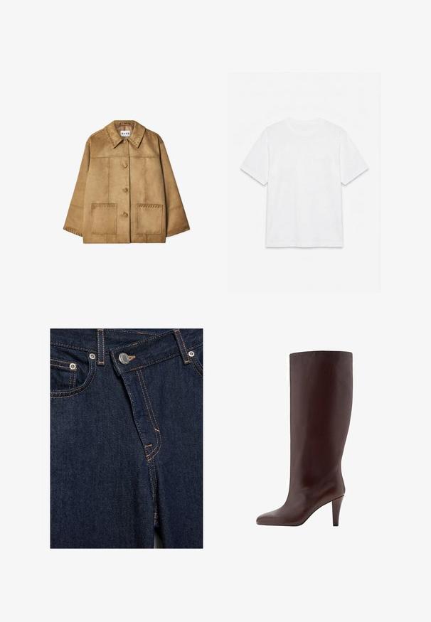 Brun ruskindjakke med krave, frontlukning med knapper, to store lommer og dekorativ syning langs skuldre og lommer.; Hvid ensfarvet t-shirt med korte ærmer og rund hals, lagt fladt på en hvid baggrund.; Nærbillede af mørkeblå denimjeans foran med metalknap, lynlås, forlommer og orange syningsdetaljer.; Brune læder knæhøj støvle med spids tå og stiletto hæl. Glat tekstur og sømløst design.