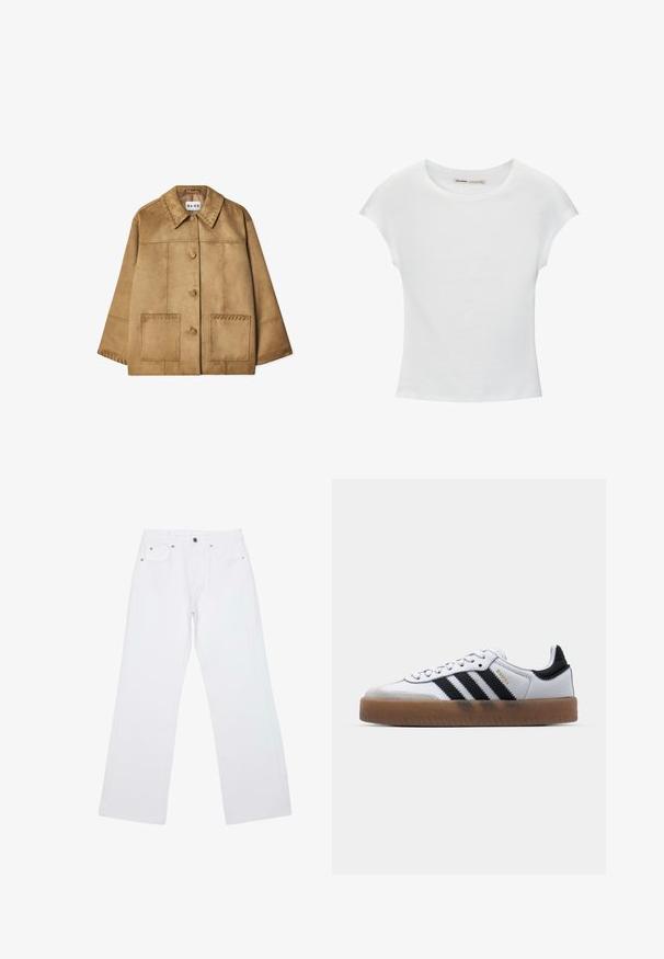 Brun ruskindjakke med krave, frontlukning med knapper, to store lommer og dekorativ syning langs skuldre og lommer.; Hvid bomuld t-shirt med korte, opsmøgede ærmer, rund halsudskæring og lige kant. Glat tekstur uden synlige mønstre eller detaljer.; Hvide jeans med lige ben, fem lommer, bæltestropper og lukning foran med knap og lynlås, lagt fladt på en hvid baggrund.; Hvide lædersneakers med sorte striber, gummirubber sål, rund tå, snørelukning og blød grå ruskinds tåhætte.