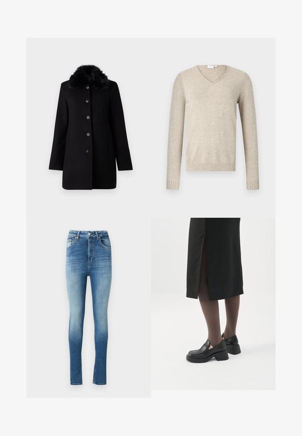 Vero Moda VMAUTUMN COZY JACKET - Mantel - black; Beige V-hals trui van zacht materiaal met lange mouwen en geribbelde manchetten. Heeft een eenvoudig ontwerp zonder patronen of versieringen.; Hogere taille skinny jeans in vervaagd blauwe denim met een subtiele gradient. Met een klassieke vijf-pocket ontwerp en een knoopsluiting.; Vrouw met zwarte loafers met grove hak, zwarte doorschijnende panty's en een zwarte rok met een split aan de achterkant op een witte achtergrond.