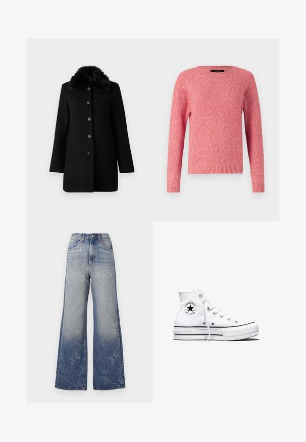 Vero Moda VMAUTUMN COZY JACKET - Klassisk frakke - black; Rød strikket sweater med rundt halsudskæring og lange ærmer. Har en struktureret stof og ribbede manchetter og kant.; Store bukser i lyseblå denim med sølvfarvede stjernemønstre. Høj talje med knaplukning og klassisk fem-lomme-design.; Hvid højtop Converse Chuck Taylor All Star-sneaker med sort logo-patch og hvide snørebånd, vist på hvid baggrund.