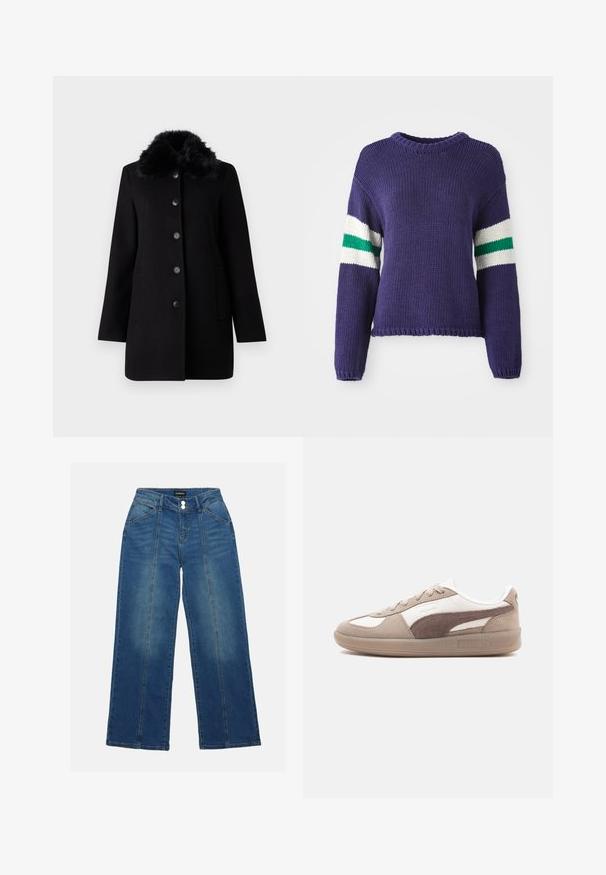 Vero Moda VMAUTUMN COZY JACKET - Klassisk frakke - black; Lilla strikket sweater med rund halsudskæring og lange ærmer, med hvide og grønne striber på de øverste ærmer og en kortet kant.; Bredde ben blå denim jeans med høj talje, der har to knapper, forlommer og kontrasterende sømme foran.; Tan og beige sneakers med overdel i ruskind og læder, rund tå, snørelukning foran og en gennemsigtig sål med PUMA-branding.